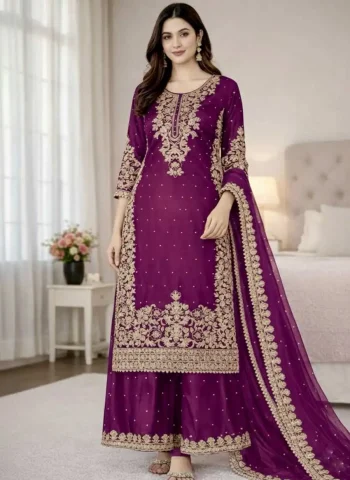 DESIGNER GMY SILK EMBROIDERY CODING SEQUENCE WITH MOTI WORK TOP PALAZZO WITH DUPATTA WINE
