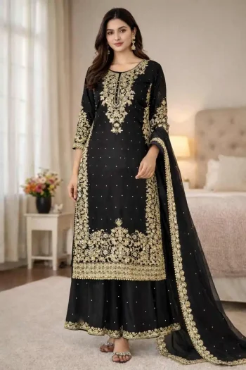 DESIGNER GMY SILK EMBROIDERY CODING SEQUENCE WITH MOTI WORK TOP PALAZZO WITH DUPATTA BLACK