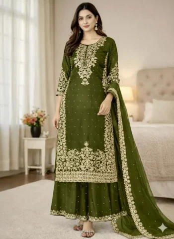 DESIGNER GMY SILK EMBROIDERY CODING SEQUENCE WITH MOTI WORK TOP PALAZZO WITH DUPATTA MEHNDI