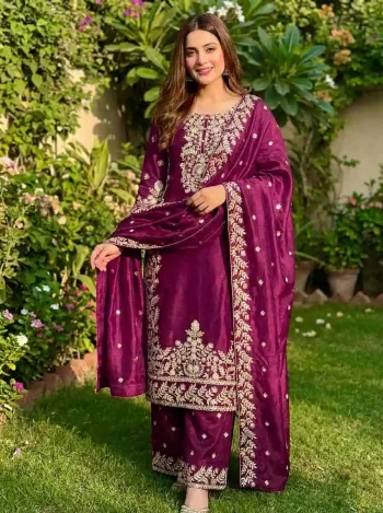 DESIGNER GMY SILK EMBROIDERY SEQUENCE WORK TOP PALAZZO WITH DUPATTA WINE