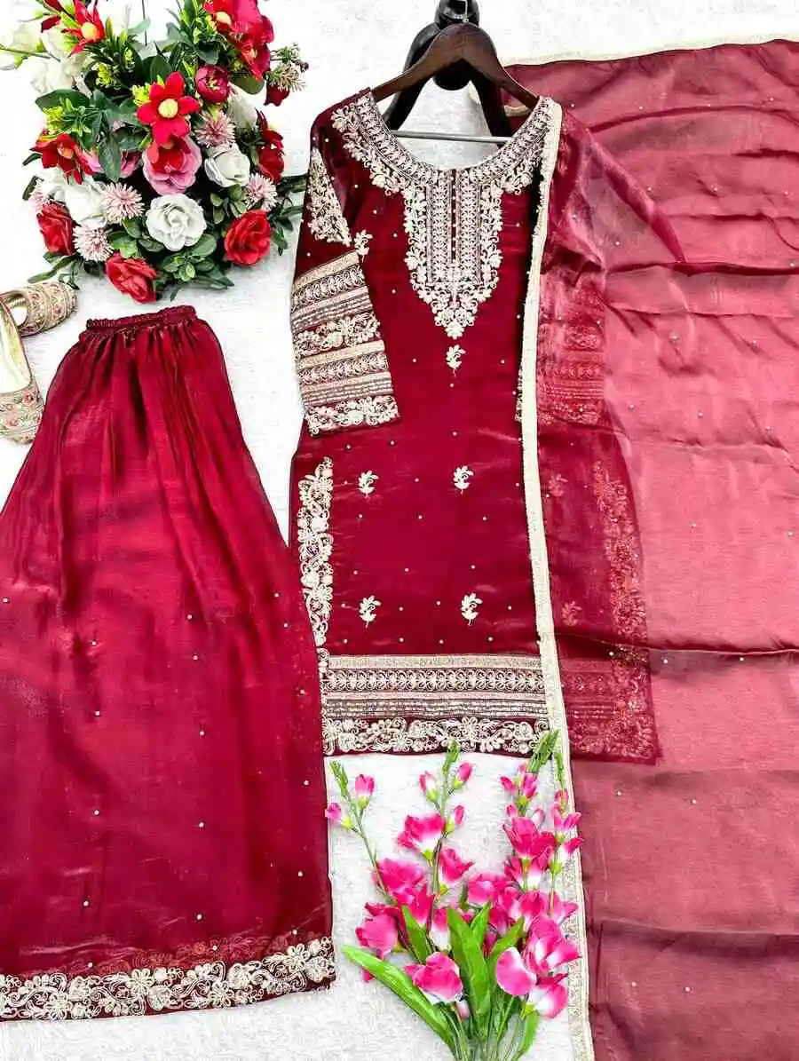 DESIGNER GMY SILK EMBROIDERY SEQUENCE WORK WITH RIVET MOTI WORK TOP PALAZZO WITH DUPATTA FESTIVE WEAR WHOLESALE PRICE ETHNIC GARMENT (5)