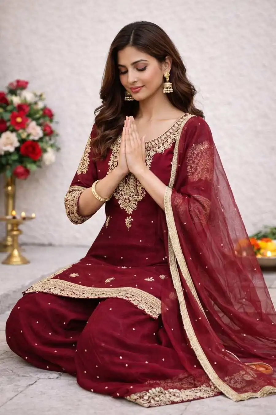 DESIGNER GMY SILK EMBROIDERY SEQUENCE WORK WITH RIVET MOTI WORK TOP PALAZZO WITH DUPATTA FESTIVE WEAR WHOLESALE PRICE ETHNIC GARMENT (6)