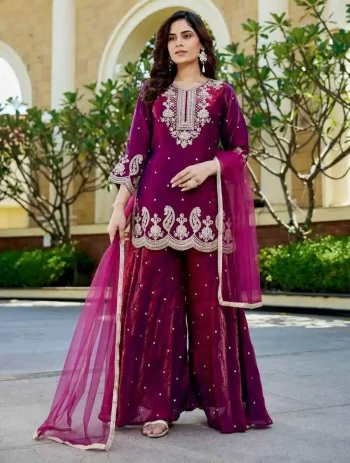 DESIGNER GMY SILK EMBROIDERY SEQUENCES & CODING-DORI WORK TOP PALAZZO WITH DUPATTA PURPLE