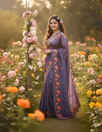 DESIGNER GOLD CRUSH MULTI EMBROIDERY WORK WITH BUTTA AND ARC CUTTING BORDER WORK SAREE WITH UNSTITCHED BLOUSE PURPLE