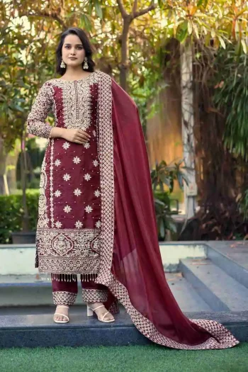 DESIGNER JC SILK EMBROIDERY CODING-3MM SEQUENCE WORK TOP BOTTOM WITH DUPATTA MAROON
