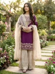 DESIGNER JC SILK EMBROIDERY CODING DORI-SEQUENCE WORK WITH RIVET MOTI WORK TOP SHARARA WITH DUPATTA PURPLE