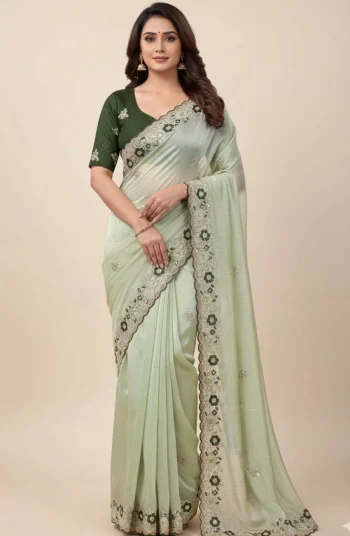 DESIGNER JC SILK EMBROIDERY WORK AND MULTI THREAD WORK WITH ARCO CUT WORK SAREE WITH UNSTITCHED BLOUSE PISTA