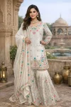 DESIGNER JMC SILK THREAD WITH SEQUENCE WITH RIVET MOTI WORK TOP SHARARA WITH DUPATTA WHITE