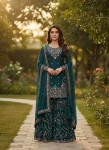 DESIGNER JMC SILK THREAD WITH SEQUENCE WITH RIVET MOTI WORK TOP SHARARA WITH DUPATTA TEAL