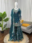 DESIGNER JMC SILK THREAD WITH SEQUENCE WITH RIVET MOTI WORK TOP SHARARA WITH DUPATTA WEDDING WEAR WHOLESALE PRICE ETHNIC GARMENT (8)