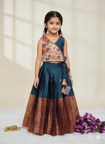 DESIGNER KANJIVARAM SILK ZARI WEAVING WORK KID'S LEHENGA CHOLI MORPICH