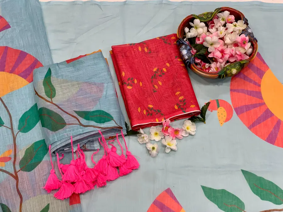 DESIGNER LINEN COTTON DIGITAL PRINTED HANDMADE COTTON TUSSLE WORK SAREE WITH UNSTITCHED BLOUSE PARTY WEAR WHOLESALE PRICE ETHNIC GARMENT (14)