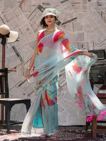 DESIGNER LINEN COTTON DIGITAL PRINTED HANDMADE COTTON TUSSLE WORK SAREE WITH UNSTITCHED BLOUSE SKY