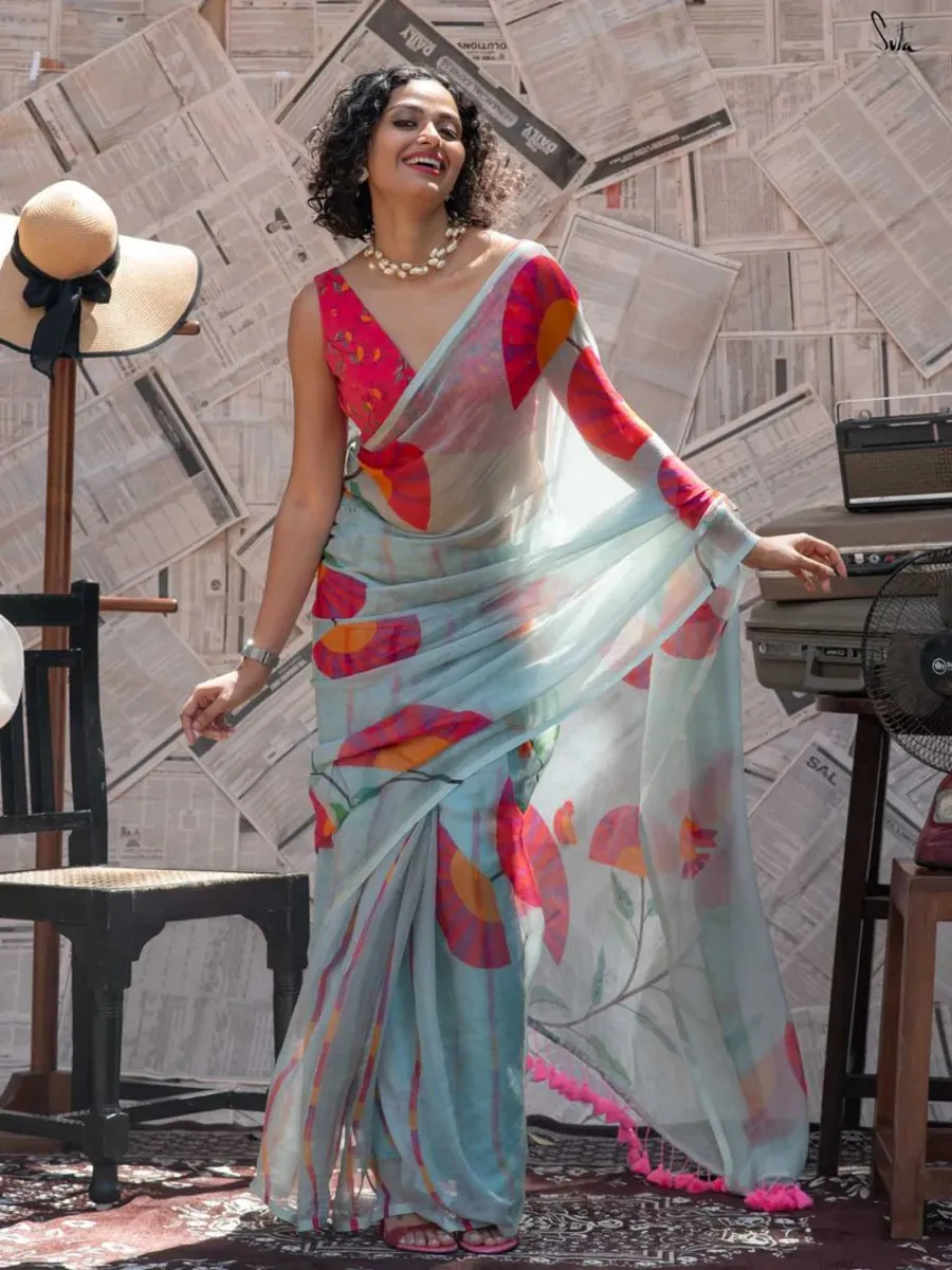 DESIGNER LINEN COTTON DIGITAL PRINTED HANDMADE COTTON TUSSLE WORK SAREE WITH UNSTITCHED BLOUSE PARTY WEAR WHOLESALE PRICE ETHNIC GARMENT (6)