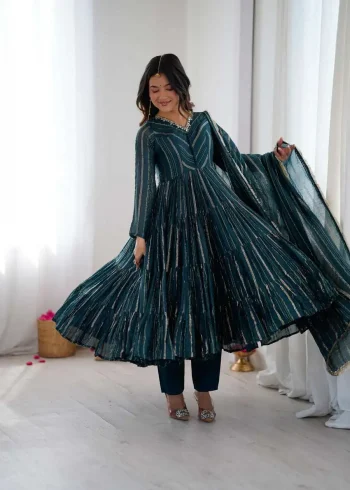DESIGNER MAL CHANDERI REAL MIRROR WITH HANDWORK GOWN BOTTOM WITH DUPATTA TEAL