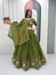 DESIGNER MOSS SHIMMER EMBROIDERY THREAD & PIPE VAL WORK LEHENGA CHOLI WITH DUPATTA GREEN