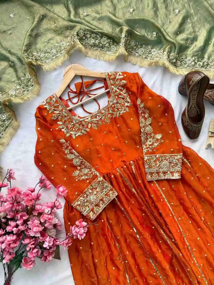 DESIGNER MOSS SILK SEQUENCE & ZARI EMBROIDERY WORK GOWN WITH DUPATTA FESTIVE WEAR WHOLESALE PRICE ETHNIC GARMENT (4)