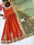 DESIGNER MOSS SILK SEQUENCE & ZARI EMBROIDERY WORK GOWN WITH DUPATTA ORANGE (2)