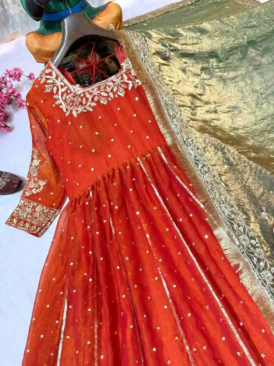 DESIGNER MOSS SILK SEQUENCE & ZARI EMBROIDERY WORK GOWN WITH DUPATTA FESTIVE WEAR WHOLESALE PRICE ETHNIC GARMENT (7)