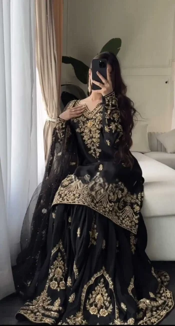 DESIGNER NATURAL CREPE EMBROIDERY SEQUENCE WORK TOP SHARARA WITH DUPATTA BLACK