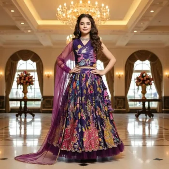 DESIGNER NATURAL CREPE POSITION PRINT EMBROIDERY WORK WITH REAL MIRROR HAND WORK KID'S LEHENGA CHOLI WITH DUPATTA PURPLE