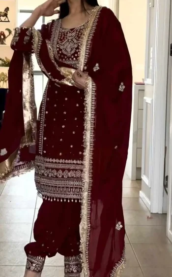 DESIGNER NATURAL CREPE SILK EMBROIDERY SEQUENCE WORK TOP PATIYALA WITH DUPATTA MAROON