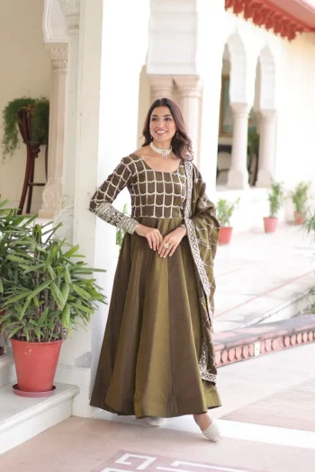 DESIGNER NC VICHITRA SILK SEQUENCE & ZARI EMBROIDERED WORK GOWN WITH DUPATTA MEHNDI