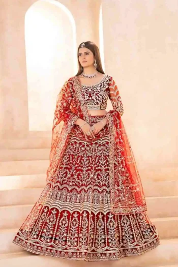 DESIGNER NET EMBROIDERY SEQUENCE DESIGN WORK LEHENGA CHOLI WITH DUPATTA  RED