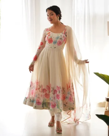 DESIGNER ORGANZA SILK PRINT WORK WITH ZARI FLOWER OUTING WORK GOWN PANT WITH DUPATTA OFF WHITE