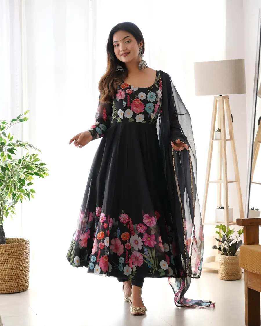 DESIGNER ORGANZA SILK PRINT WORK WITH ZARI FLOWER OUTING WORK GOWN PANT WITH DUPATTA FESTIVE WEAR WHOLESALE PRICE ETHNIC GARMENT (42)
