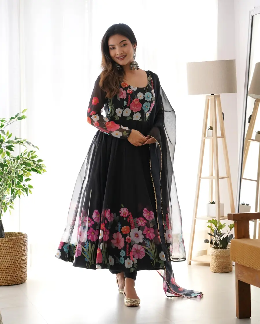 DESIGNER ORGANZA SILK PRINT WORK WITH ZARI FLOWER OUTING WORK GOWN PANT WITH DUPATTA FESTIVE WEAR WHOLESALE PRICE ETHNIC GARMENT (43)