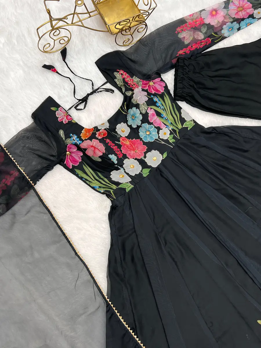 DESIGNER ORGANZA SILK PRINT WORK WITH ZARI FLOWER OUTING WORK GOWN PANT WITH DUPATTA FESTIVE WEAR WHOLESALE PRICE ETHNIC GARMENT (47)