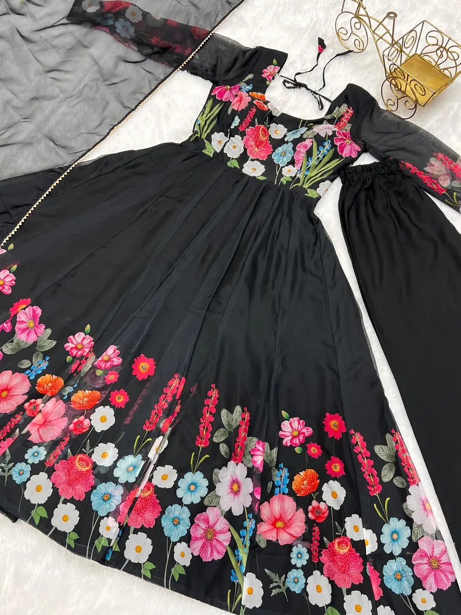 DESIGNER ORGANZA SILK PRINT WORK WITH ZARI FLOWER OUTING WORK GOWN PANT WITH DUPATTA FESTIVE WEAR WHOLESALE PRICE ETHNIC GARMENT (50)