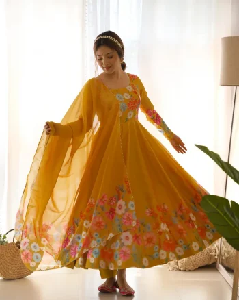 DESIGNER ORGANZA SILK PRINT WORK WITH ZARI FLOWER OUTING WORK GOWN PANT WITH DUPATTA YELLOW