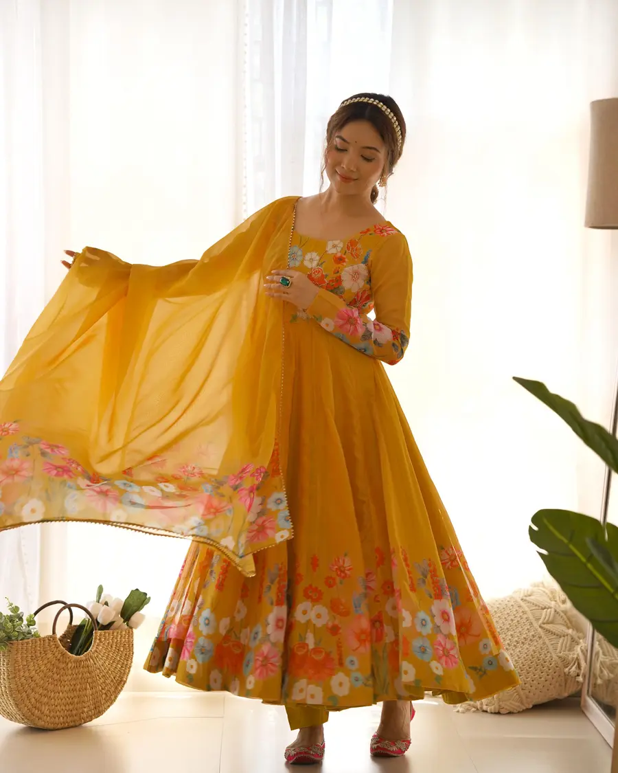 DESIGNER ORGANZA SILK PRINT WORK WITH ZARI FLOWER OUTING WORK GOWN PANT WITH DUPATTA FESTIVE WEAR WHOLESALE PRICE ETHNIC GARMENT (53)