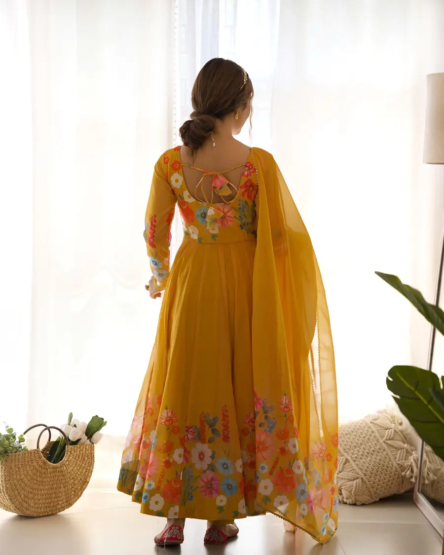 DESIGNER ORGANZA SILK PRINT WORK WITH ZARI FLOWER OUTING WORK GOWN PANT WITH DUPATTA FESTIVE WEAR WHOLESALE PRICE ETHNIC GARMENT (60)