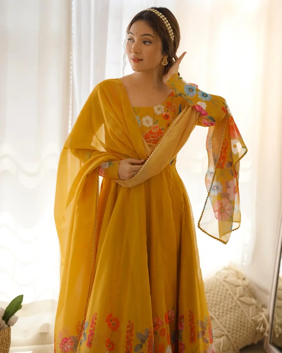 DESIGNER ORGANZA SILK PRINT WORK WITH ZARI FLOWER OUTING WORK GOWN PANT WITH DUPATTA FESTIVE WEAR WHOLESALE PRICE ETHNIC GARMENT (61)