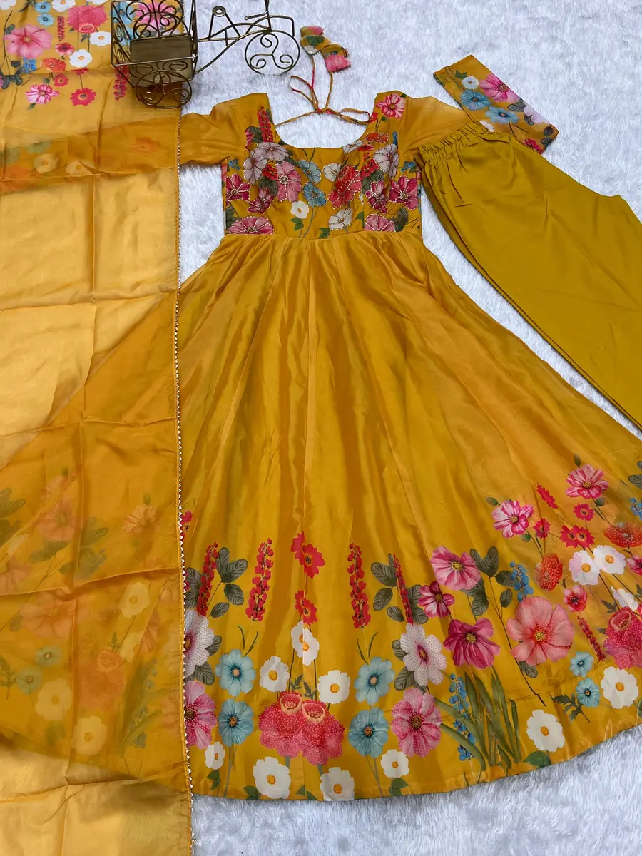 DESIGNER ORGANZA SILK PRINT WORK WITH ZARI FLOWER OUTING WORK GOWN PANT WITH DUPATTA FESTIVE WEAR WHOLESALE PRICE ETHNIC GARMENT (63)