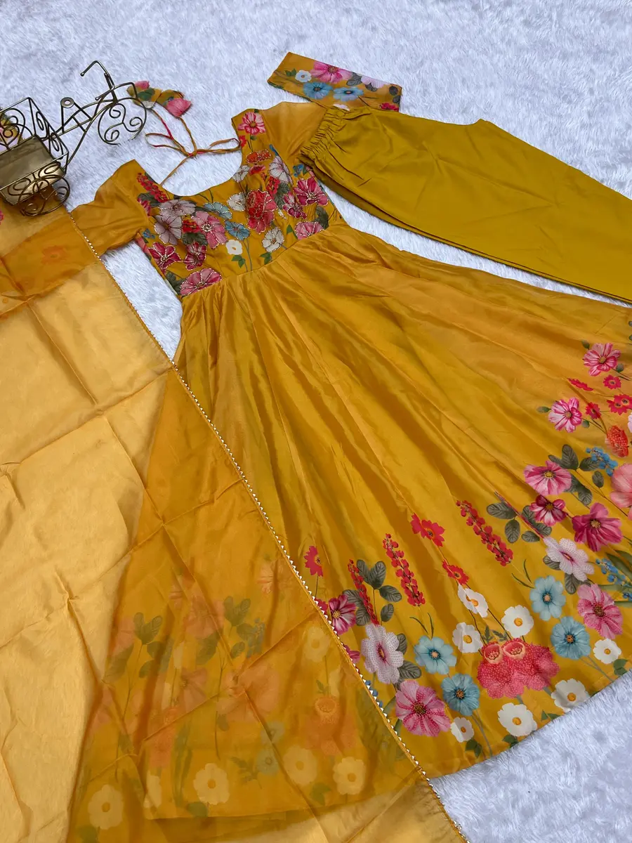 DESIGNER ORGANZA SILK PRINT WORK WITH ZARI FLOWER OUTING WORK GOWN PANT WITH DUPATTA FESTIVE WEAR WHOLESALE PRICE ETHNIC GARMENT (64)