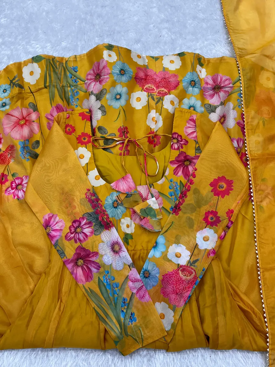 DESIGNER ORGANZA SILK PRINT WORK WITH ZARI FLOWER OUTING WORK GOWN PANT WITH DUPATTA FESTIVE WEAR WHOLESALE PRICE ETHNIC GARMENT (65)