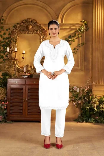 DESIGNER RAYON EMBROIDERY WORK TOP PENT SET WHITE