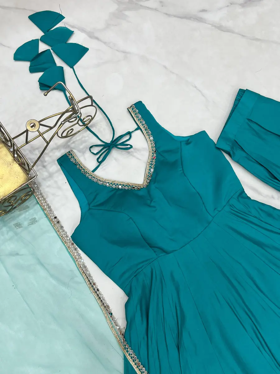 DESIGNER ROMAN SILK CHANDERI FANCY LACE WORK ANARKALI GOWN BOTTOM WITH DUPATTA WEDDING WEAR WHOLESALE PRICE ETHNIC GARMENT (1)