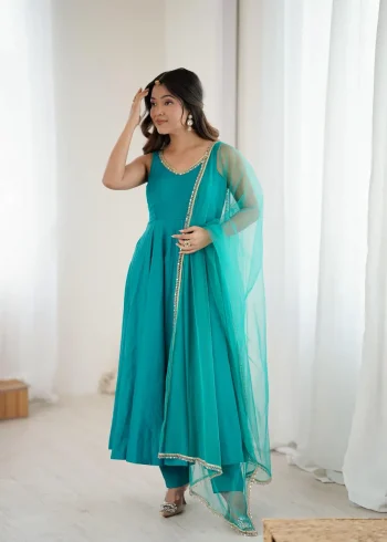 DESIGNER ROMAN SILK CHANDERI FANCY LACE WORK ANARKALI GOWN BOTTOM WITH DUPATTA RAMA