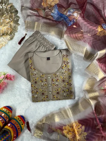 DESIGNER ROMAN SILK EMBROIDERY WITH SEQUENCE WORK TOP BOTTOM WITH DUPATTA GREY