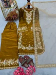 DESIGNER SEQUENCE AND ZARI EMBROIDERY WITH PEARL AND DIAMOND HANDWORK TOP PALAZZO WITH DUPATTA  MUSTARD