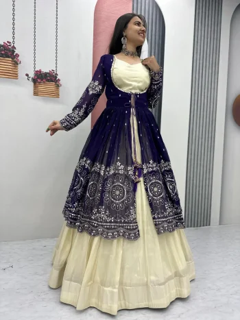 DESIGNER SHIMMER COSMOS PLAIN LEHENGA CHOLI WITH THREAD AND SEQUENCE WORK SHRUG PURPLE