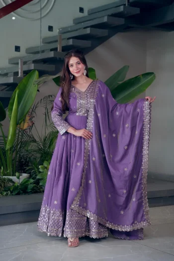 DESIGNER SHIMMER SILK EMBROIDERY SEQUENCE WORK GOWN WITH DUPATTA PURPLE