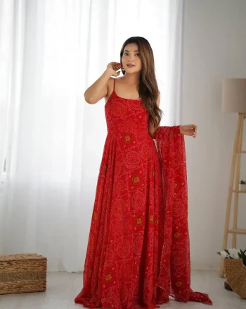 DESIGNER SOFT CHIFFON BANDHEJ ANARKALI PENT WITH DUPATTA RED