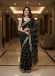 DESIGNER SPACE SILK CUT WORK AND RICH FLOWER SEQUENCE EMBRODERY WORK SAREE WITH UNSTITCHED BLOUSE BLACK
