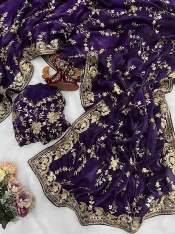 DESIGNER SPACE SILK SEQUENCE AND ZARI EMBROIDERY WORK SAREE WITH UNSTITCHED BLOUSE PURPLE